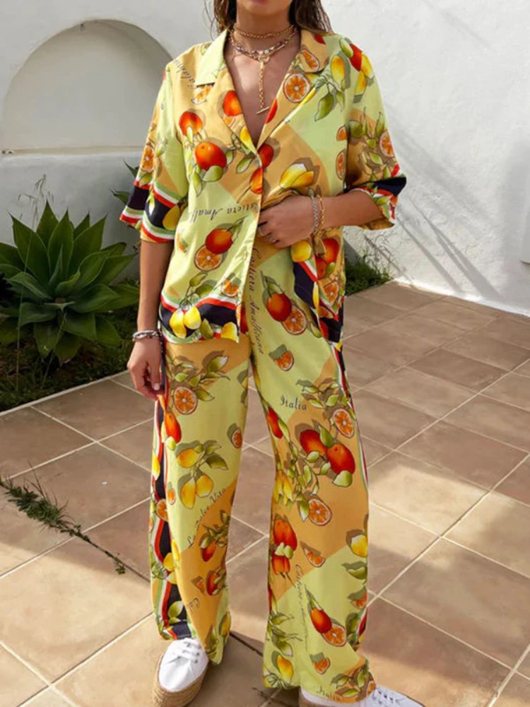 

Vintage Print Pants Set Women Elegant Casual Oversized Two Piece Set Short Sleeve Shirt And Wide Leg Trouser Outfits 2023 Summer