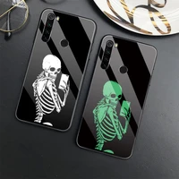 funny skeleton luminous glass phone case for xiaomi redmi note 11 4g 10 10t 10s 9 9t 8 8t 7 pro max 8a 9a 9c 9i poco x3 nfc m3