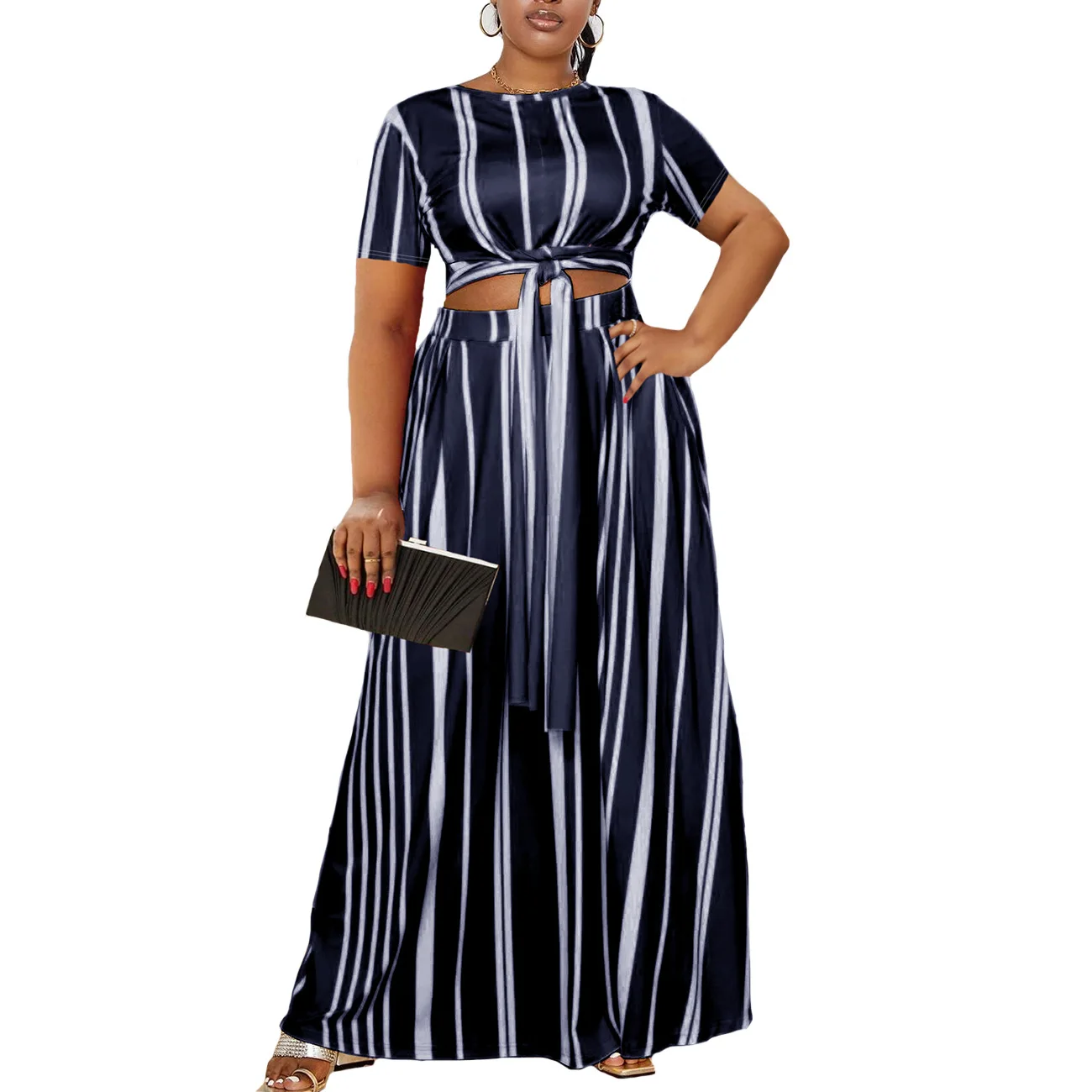 Plus Size Two Piece Dress Striped Lace Up Wide Loose Cloth Women Casual Evening Luxury Robe 2023 Summer Trendy New Party Dress