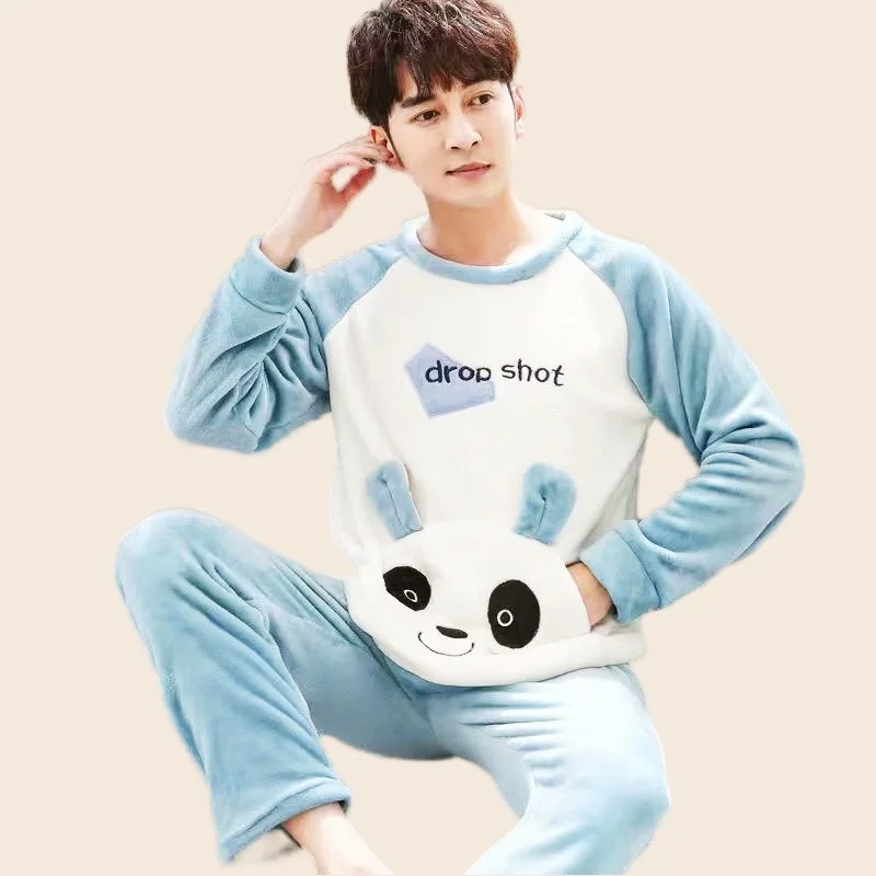 Winter Man Pajamas Set Full Sleeve T-shirt Long Pants 2Piece/Set Casual Cartoon Pyjama Big Size Men Homewear Cozy Plus Sleepwear