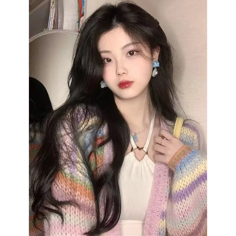 

Rainbow striped mohair knitted cardigan new loose and lazy style outside with early spring sweater jacket female gentle style