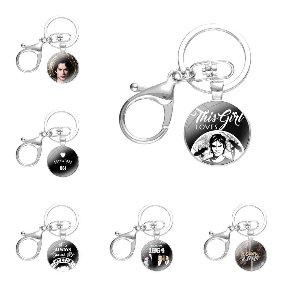 Cute Lover Design The Vampire Diaries Stefan Damon Salvatore Keychain Handmade Glass Cabochon Key Ring Holder Pendant Key Chains