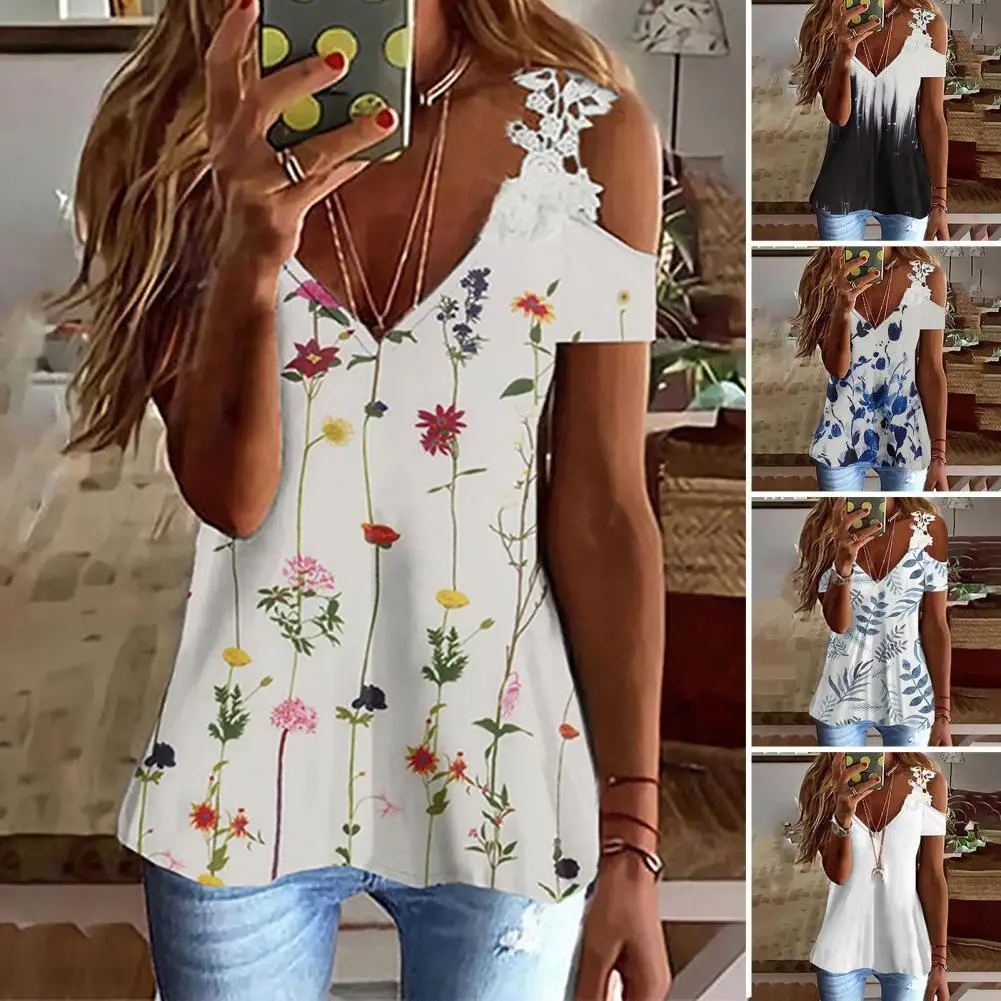 

Gradient Color Stylish Hollow Lace Sling Cold Shoulder Tee Shirt Breathable Loose Top Loose Female Clothes