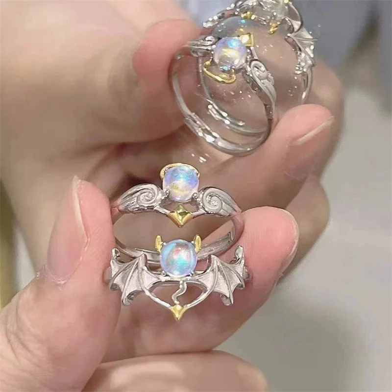 

Fashion Trend Silver Color Angel Devil Moonstone Couple Rings for Women Men Open Adjustable Lover Ring Y2K Jewelry Birthday Gift