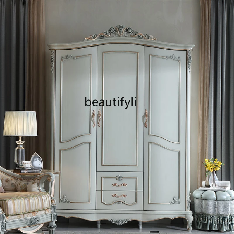 

CXH European-Style Solid Wood Emerald Three Door Wardrobe Bedroom Manual Painting Golden Carved Wardrobe