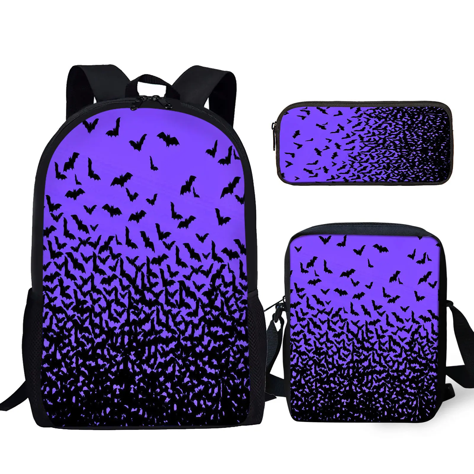 

YIKELUO 3D Purple Bat Printing 3pcs Student Back To School Gift Durable Laptop Gaming Case Messenger Bag Pencil Case Customized