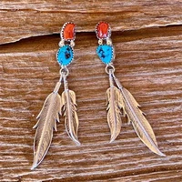 ethnic carved feather earrings vintage creative metallic silver inlaid red stone pendant earrings womens party jewelry