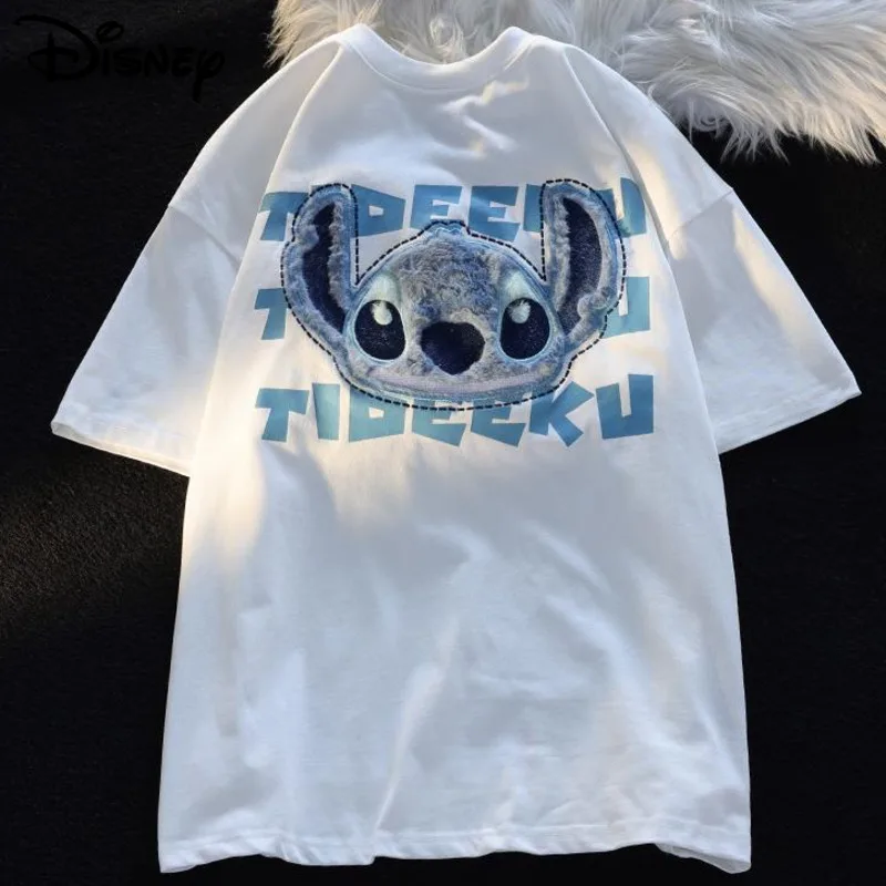 

Disney Stitch Lotso 100% Cotton Cute Flocked Embroided Cartoon T-shirt Y2k Fuzzy Anime Women's Summer New Loose Couple Tops