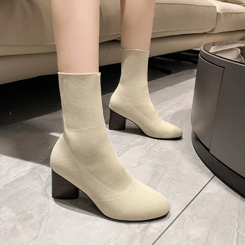 

2023 Women Ankle Boots Pointed Toe High Heels Slip-On Sock Heeled Chelsea Boots