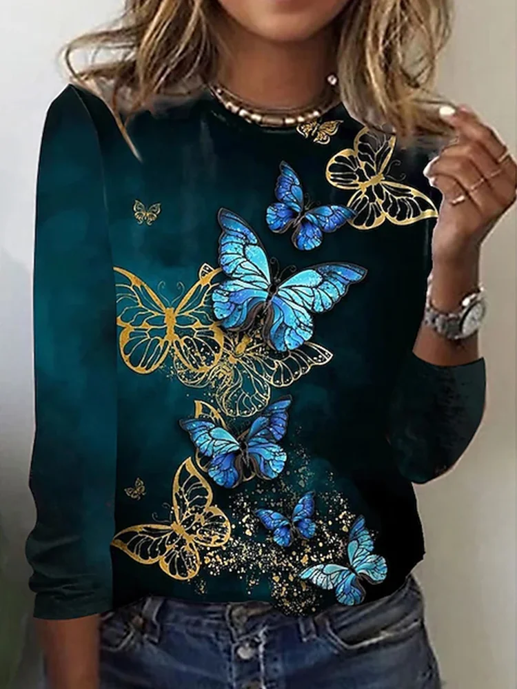 

2022New Women's T-Shirts Butterfly Print Long Sleeve Tops Plus Size Women's Loose Autumn Clothing Women's Oversized T-Shirts 6XL