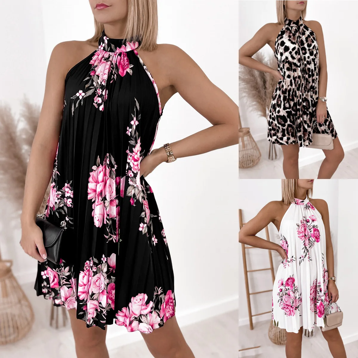 

Женское плиссированное платье без рукавов, повседневное праздничное пляжное платье с лямкой на шее и принтом, лето 2023