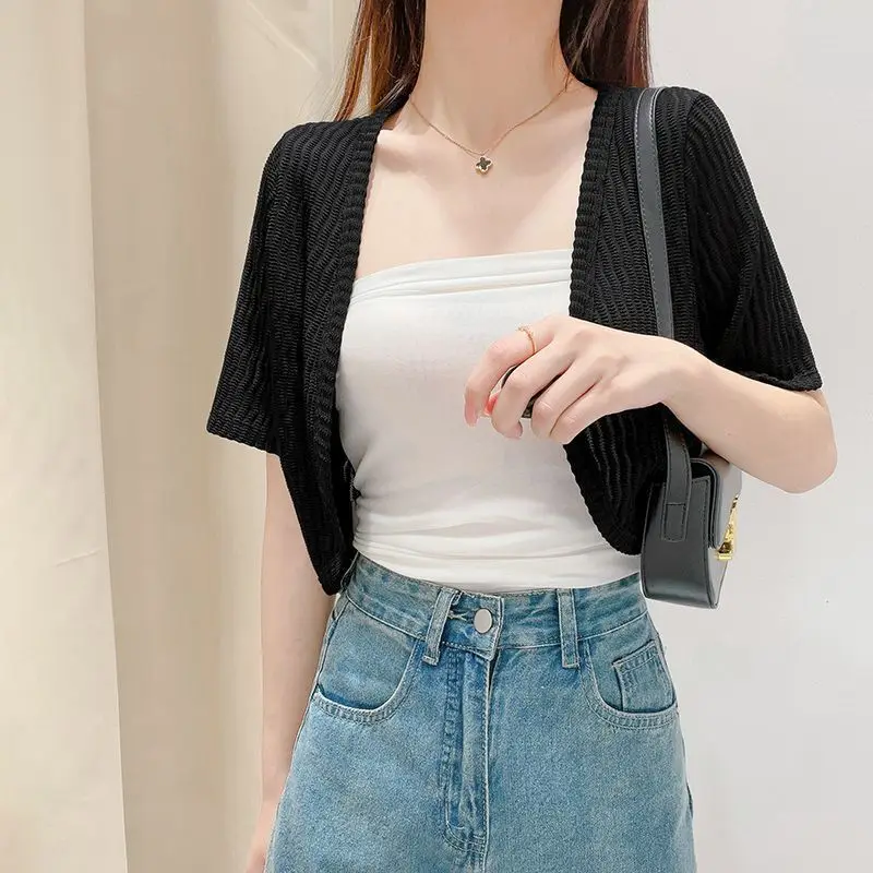 Кардиган с газовым каркасом для женщин завязка коротким рукавом открытым одежда