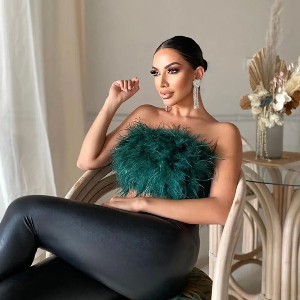 

Пикантные Топы без бретелек с перьями, женские летние вечерние Клубные безрукавки, пушистые Модные топы для женщин 2022