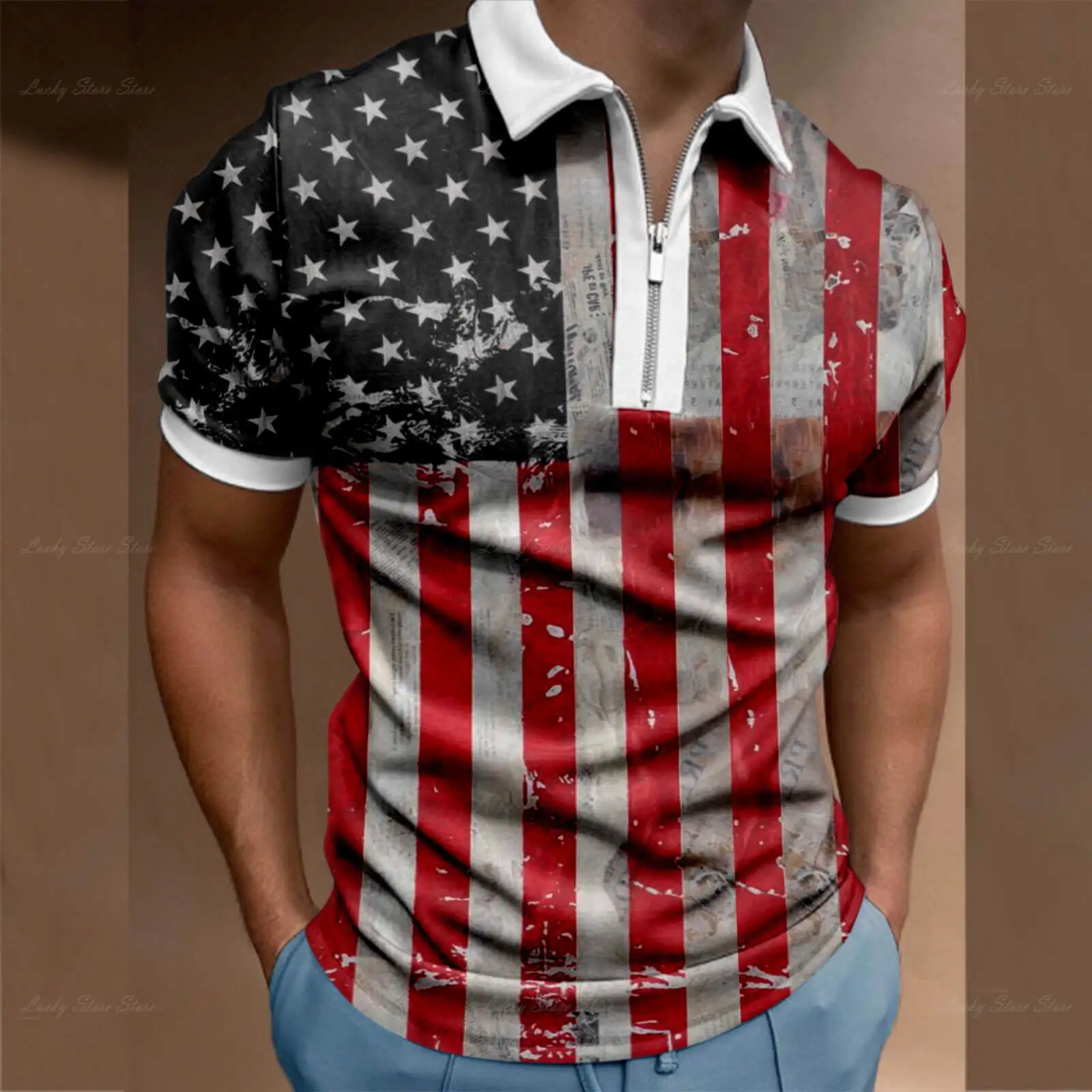 

Summer High Quality Men's Polo Shirts Printed Casual European And American Short Sleeves Men's Shirts Lapel Zipper T Shirts Tops