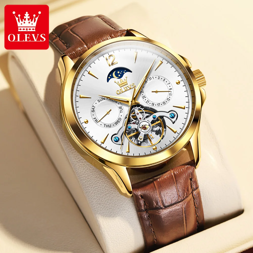 OLEVS  Men Mechanical Watch Automatic Self-wind Tourbillon Watches Leather Strap Waterproof Wristwatch Gift Relogio Masculino