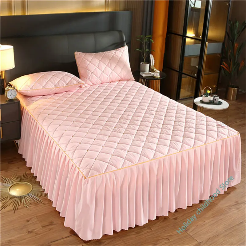 

Luxury Thicken Pink Quilted Bed Spread Queen Size Nordic High Quality Pleated Edge Bedspread on The Bed Embroidery Bedspreads