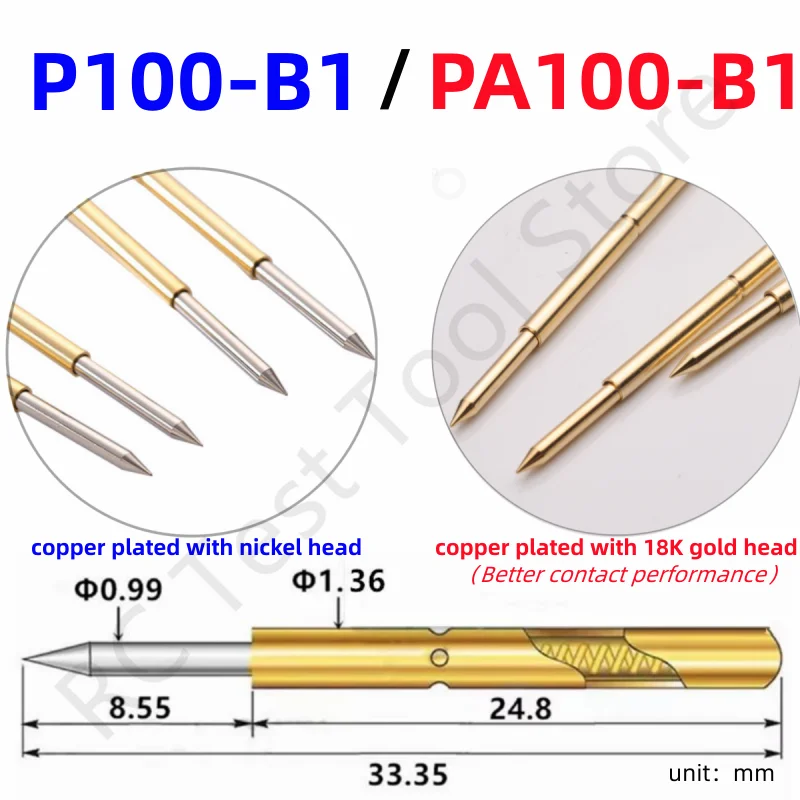 

20/100PCS P100-B1 Spring Test Probe P100-B Test Pin PA100-B PA100-B1 Test Tool 33.35mm Dia 1.36mm Needle Tip Dia 0.99mm Pogo Pin