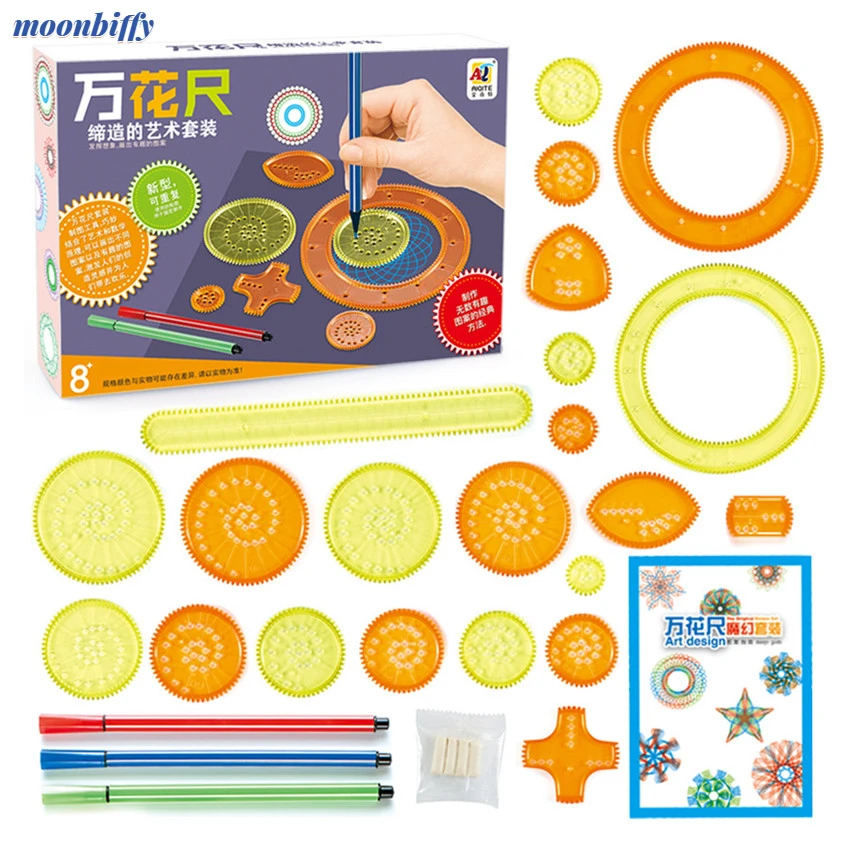 

28Pcs Spirograph Drawing Toys Set Interlocking Gears Wheels with Pens Spiral Designs Painting Accessories Geometric Ruler Toy