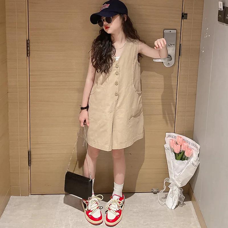 

Teenager Girl Summer Jumpsuits 2022 Fashion Loose Buttons Green Khaki Girls Overall Shorts 8 10 12 13 14 years