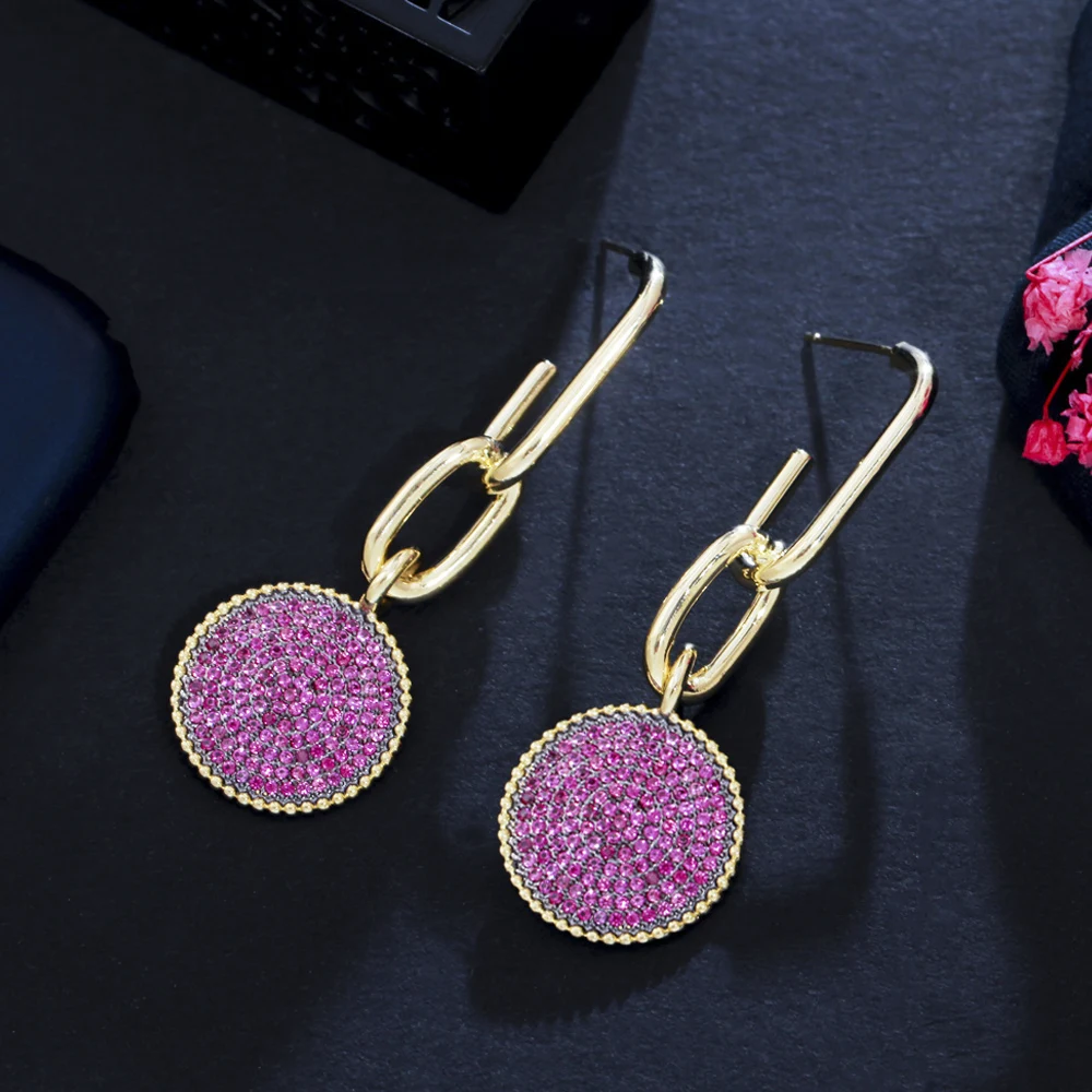 

ThreeGraces Elegant Hot Pink Cubic Zirconia Long Geometric Drop Earrings for Women Korean Fashion Daily Party CZ Jewelry ER847