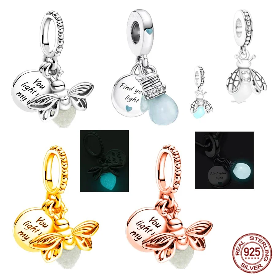 

Golden Pendant Glow in the Dark Firefly and Lightbulb 925 Sterling Silver Charm Beads DIY Jewelry Fit Original Pandora Bracelet