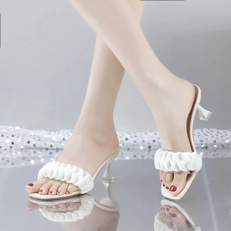 

Новинка лета 2023, женские туфли на высоком каблуке, сексуальные черные туфли с открытым носком, искусственная кожа, домашняя женская обувь 1