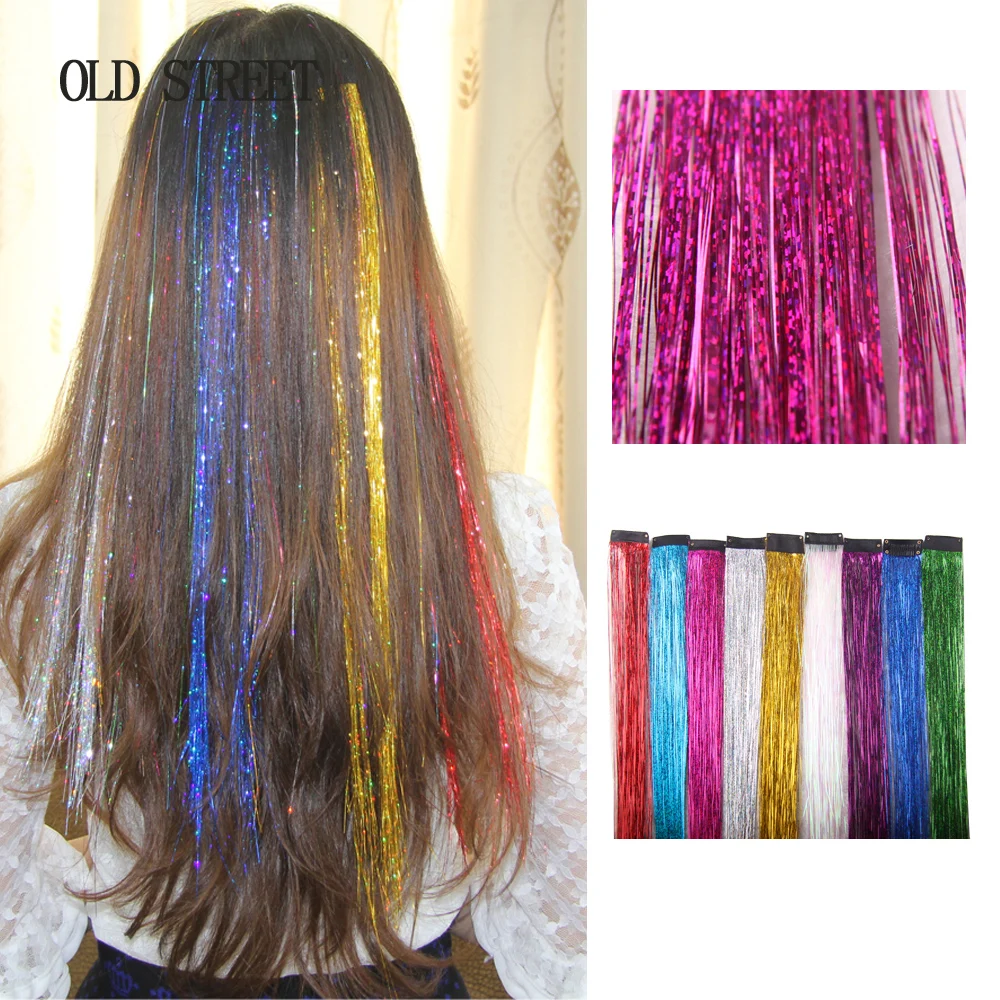 Sparing Clip in One Rainbow Hair Piece Hair Extensions Straight Pink Blue Purple Synthetic False Fake Hair Tinsel