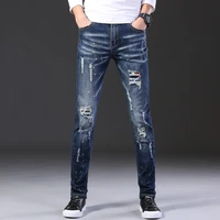 trendy ripped jeans mens slim straight korean version of the tide brand personality embroidery flower paint beggar pants mens