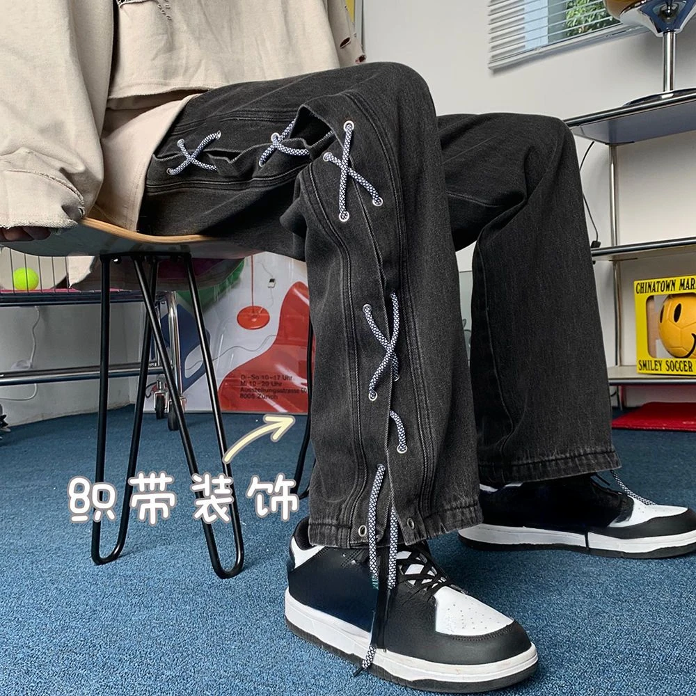 Streetwear Y2k Jeans Pants Lace Up Baggy Black Jeans Man Pants Designer Clothes Side Split 2023 Korean Fashion New