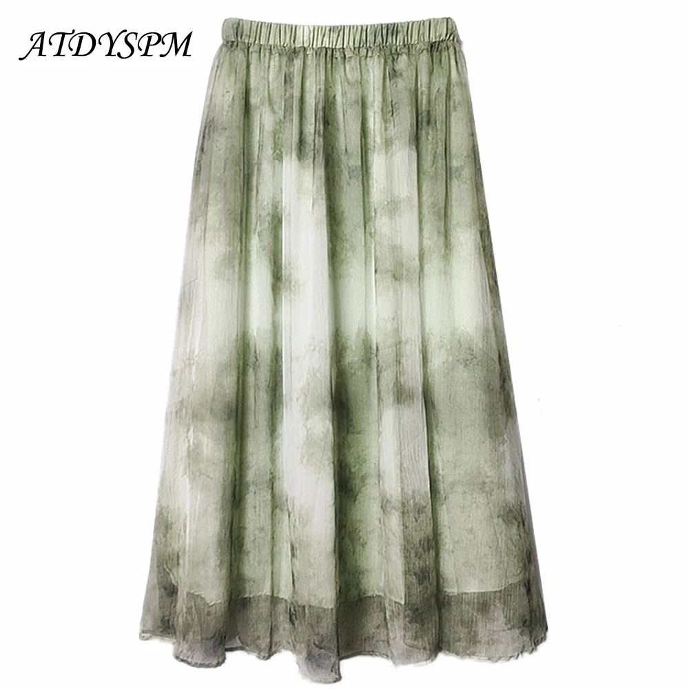 

Chic Ink Printing Summer Skirts Women High Elastic Waist A-Line Casual Pleated Midi Skirt Vintage Loose Beach Skirts