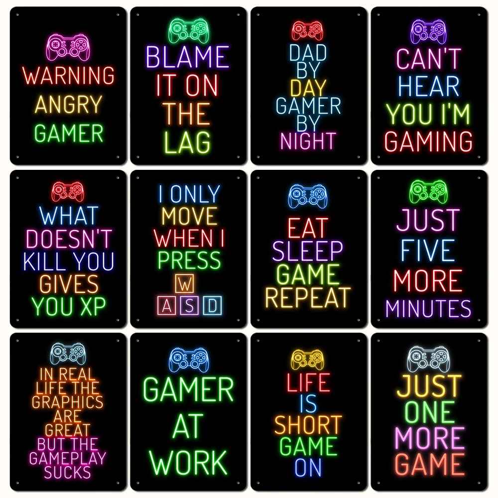 

Game Quotes Metal Tin Sign Black Neon Decorative Board Gamer Metal Plaque Wall Decor for Kids Boy Room Man Cave Iron Painting