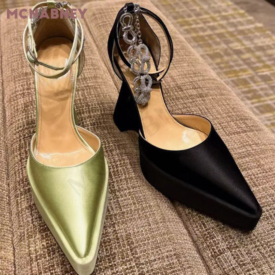 Bowknot Rhinestone Platform Pumps New Pointed High-Heeled Thick-Heeled Buckle Sandals Fashion Temperament High-Heeled Sandals