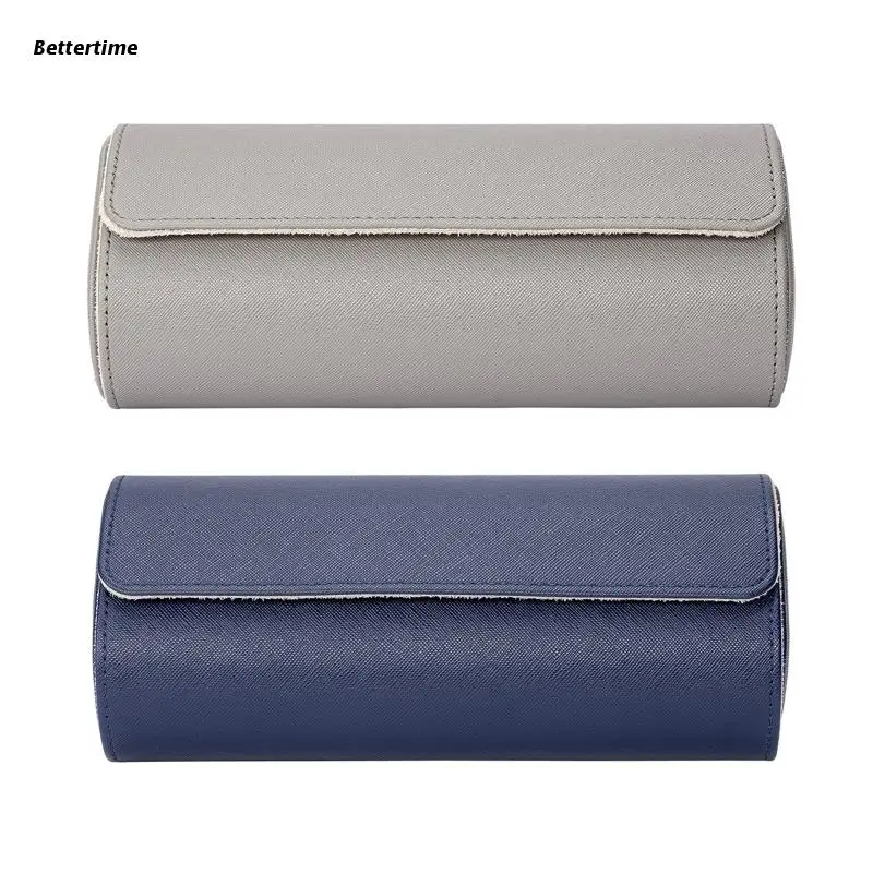 

B36D Oval Watch Case for Men - Three Watches Travel Snap Button Case - Storage Organizer Display Grey Blue Watch Gift Box