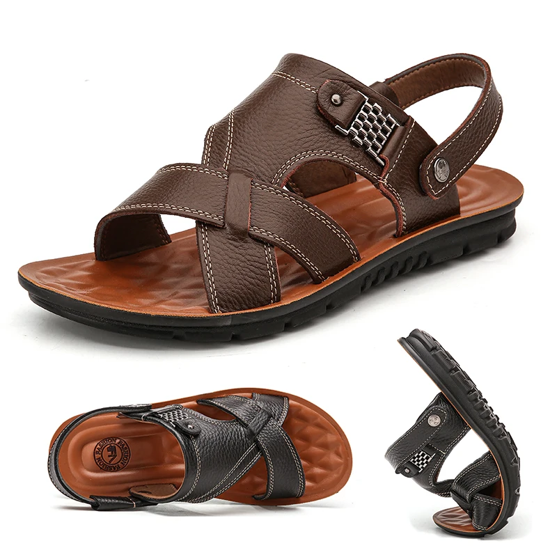 

2022 Summer Men Leather Sandals Slip on Men Fashion Non-slip Slippers for Male Outdoor Comfortable Retro Sandy Beach Men Sandals