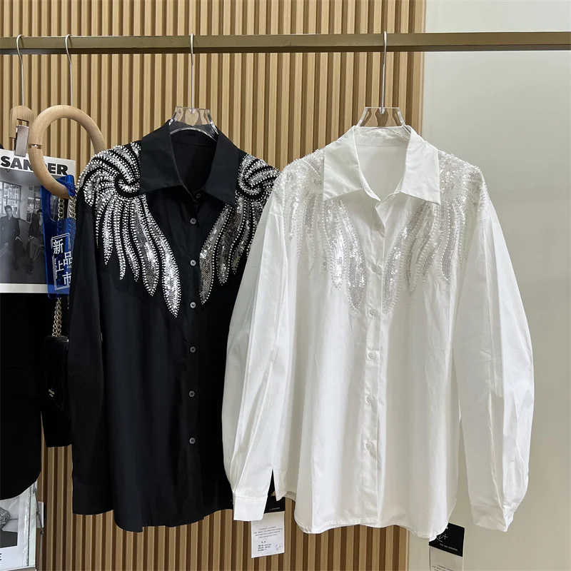 Блузка женская с блестками роскошная Свободная рубашка и крыльями Длинный топ