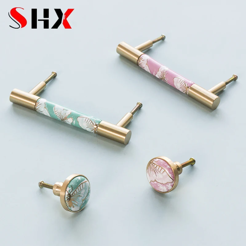 

Nordic Creative American Gold Butterfly Ceramic Handle Drawer Wardrobe Cabinet Door Small Brass Handle Round Single Hole
