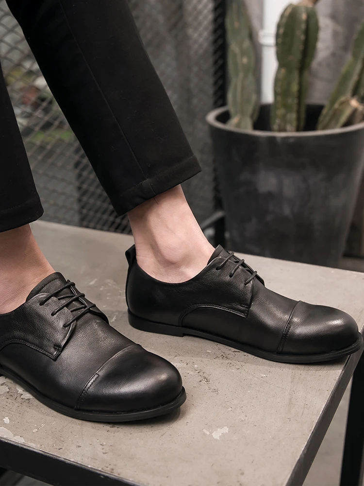 Flat Leather Shoes Men's Genuine Trendy British Three-Joint Lace-up Korean Sle round Toe Breathable Non-Slip Busine...