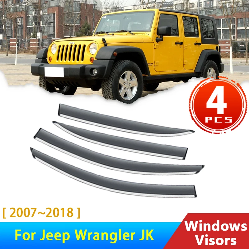 

Ветровые дефлекторы для Jeep Wrangler JK 2008 2007 ~ 2018 2016 2015, аксессуары, козырек для автомобильного окна, защита от дождя и бровей, автомобильная защита, навес, отделка