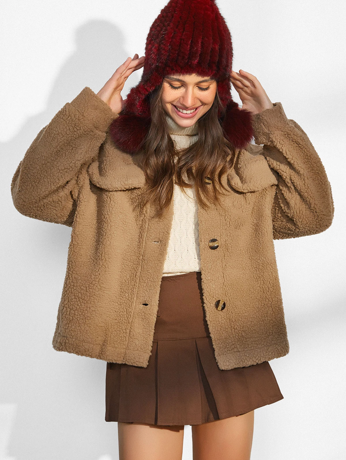 

ZAFUL Drop Shoulder Flap Detail Teddy Coat Women Button Up Faux Fur Sherpa Jacket Autumn Winter Warm Outerwear