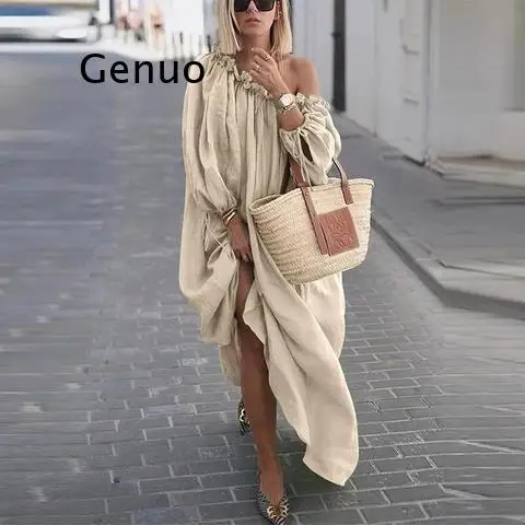 

2022 Spring Women Long Sleeve Skew Collar Maxi Dress Vintage Solid Ruffle Loose Beach Dresses Ladies Elegant Fashion Long Dress