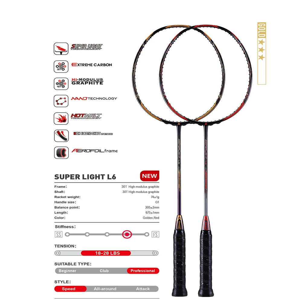 Kawasaki 6U Badminton Racket Professional Super Light  Offensive Type High Graphite Badminton Racquet For Training L5 L6