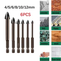 6Pcs Hexagon Cross Tile Bits Tungsten Carbide Cross Spear Head Drill Bits For Ceramic Tile Glass Reaming 4/5/6/8/10/12mm