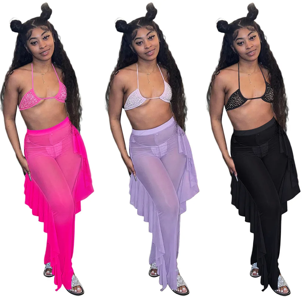 

See Through Mesh Outfits For Women Rhinestone Beaded Backless Crop Top Wide Leg Pants Ruffles 3 Piece Set With Underwear Sexy