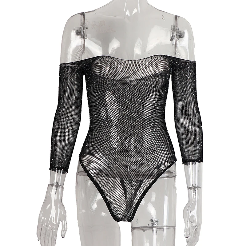 

Sexy Women Bodysuit Lingerie Sexy Shining Drill Lingerie Net Hip Wrap Underwear Hollow Out Tight-fitting Babydoll Bodysuit Black