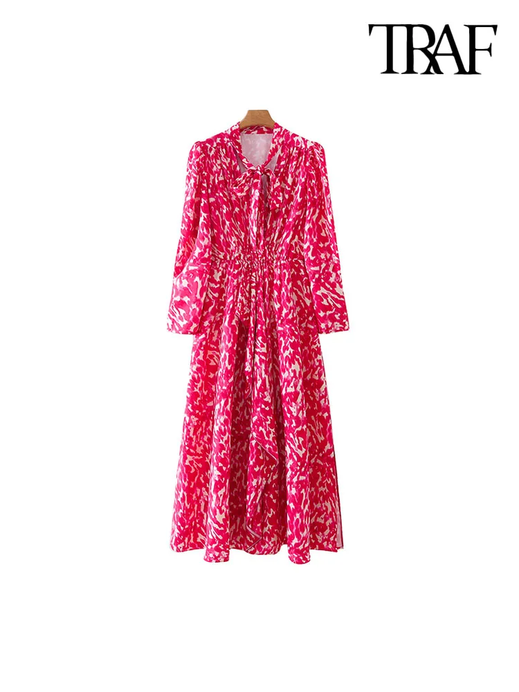 

TRAF Women Fashion With Bow Tied Print Ruffled Midi Dress Vintage Long Sleeve Side Slit Female Dresses Vestidos