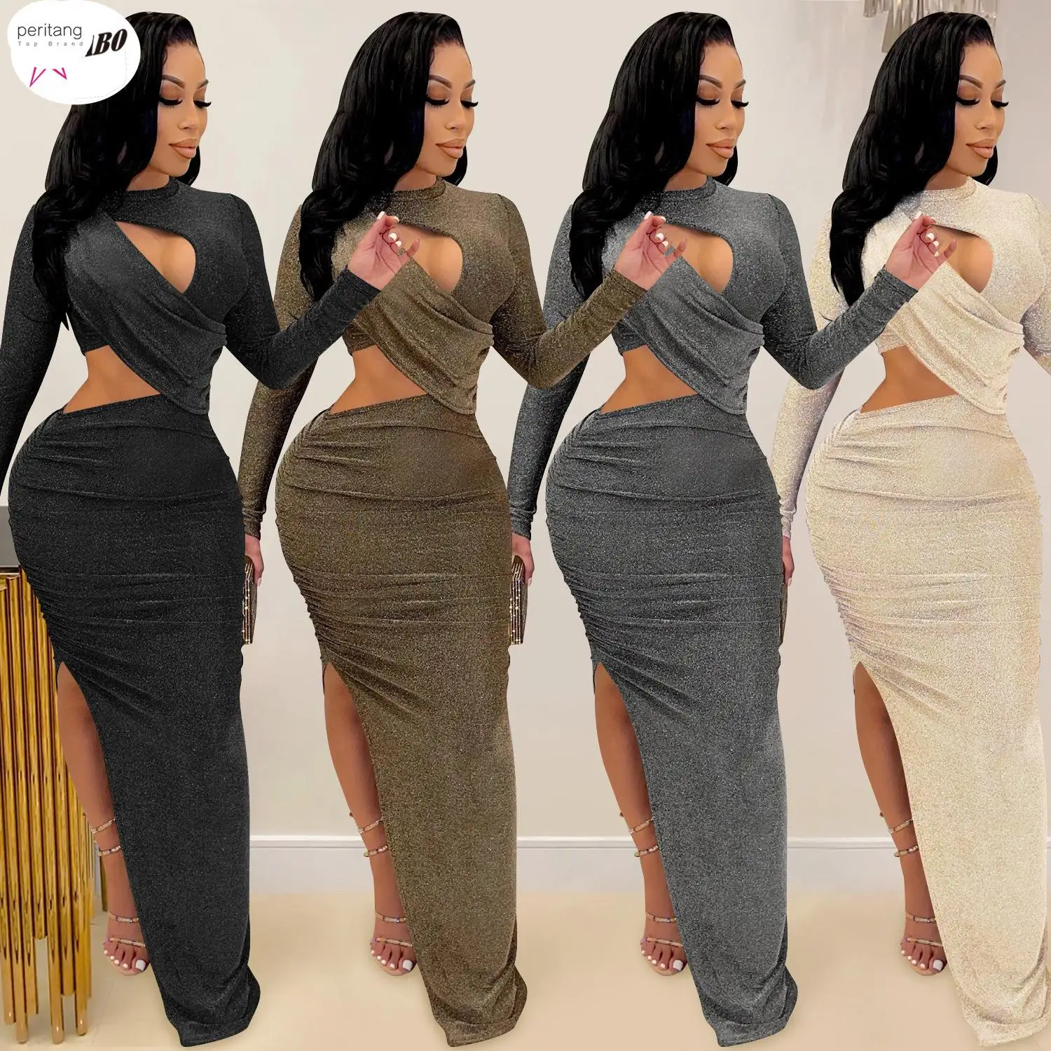 

Элегантное блестящее однотонное длинное женское Привлекательное платье с оборками, круглым вырезом и длинным рукавом, с высоким разрезом, вечернее Клубное платье из искусственной кожи, рождественское женское платье