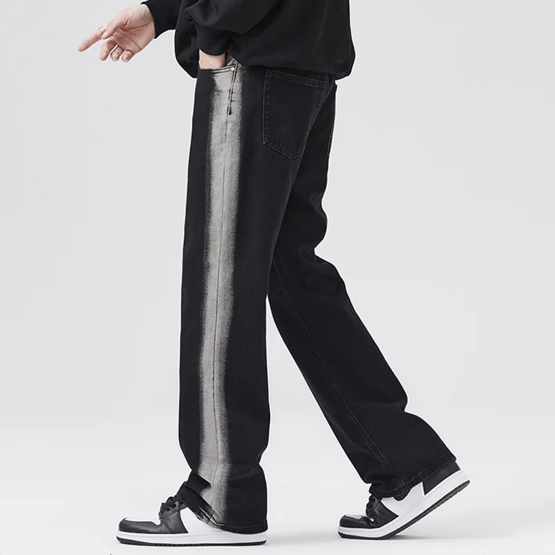 Men Clothing New Pattern Recreational Vintage Side Stripe Black Jeans Straight Cylinder Loose Wide Leg Trousers Autumn Female