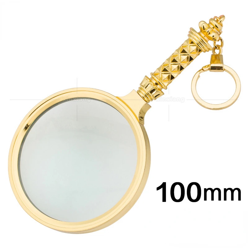 

5-кратное портативное стекло, увеличительное стекло 100 мм с цветочной ручкой, увеличительное круглое стекло из пластика + стекло с цепочкой для ключей, лупа для чтения золотого цвета