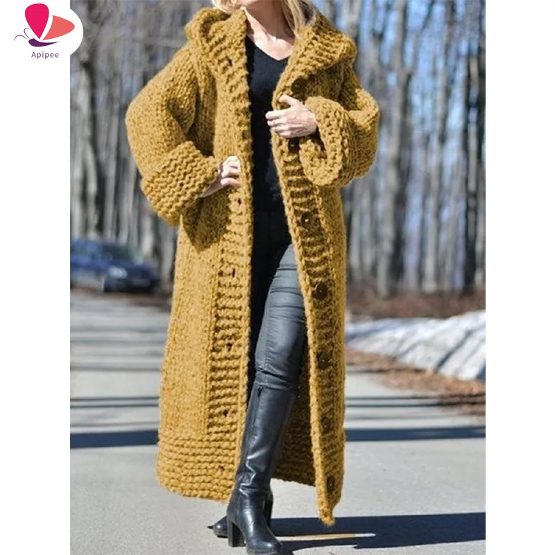 

Thick Warm Cardigan Women 2023 Fall Winter Hooded Oversized Sweaters Knitted Coats Loose Long Overcoats Knitwear