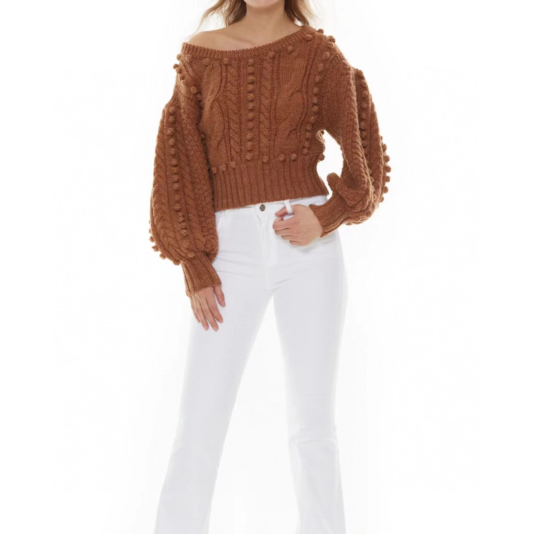 

2022 New Arrivals Autumn Winter Brown White Casual Warm Sweater for Women Slim Lantern Sleeve Top Ladies Pullovers Clothes